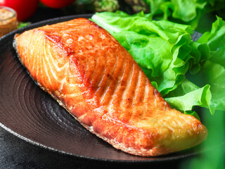 salmon barbecue grill fried Menu concept serving size. food background top view copy space for text keto or paleo pescatarian diet organic 