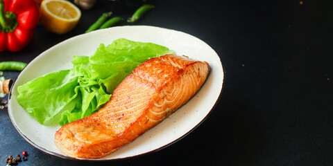 salmon barbecue grill fried Menu concept serving size. food background top view copy space for text keto or paleo pescatarian diet organic 