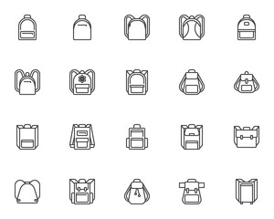 Backpack collection line icons set. linear style symbols collection, outline signs pack. Backpack vector graphics. Set includes icons as travel bag, hiking rucksack, school bag, knapsack, haversack