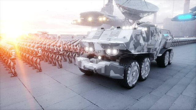 invasion of military robots. Dramatic apocalypse super realistic concept. Future. 4k animation.