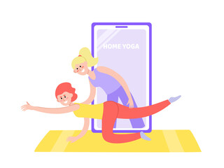 Yoga online with girl in poses doing physical exercises and coach