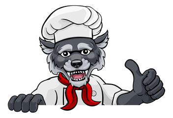 A wolf chef mascot cartoon character peeking round a sign and giving a thumbs up