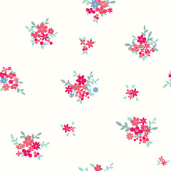 Beautiful seamless floral pattern with cute red Scandinavian bouquet on white background. 
