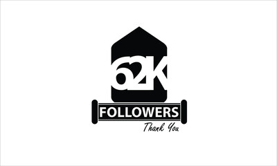 62K,62.000 Followers Thank you. Sign Ribbon All Black space vector illustration on White background - Vector