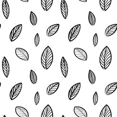 Seamless pattern in Scandinavian style. Pattern of black leaves on a white background. The pattern is Minimalistic and modern design for fabric, paper, printing. Botanical vector illustration