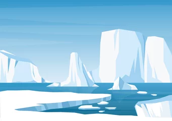 Foto op Aluminium Vector cartoon Arctic ice landscape with iceberg, sea, hills and snow mountains. Greenland, Arctic or Antarctic illustration in flat style. Global warming concept. Glacier arctic landscape. Game style © MaryDesy