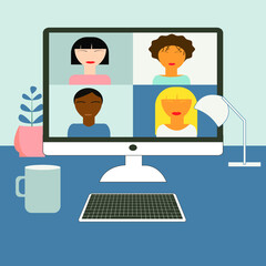 Vector illustration of online meeting. Online conference on pc. Potted plant, lamp, keyboard, monitor, desk as vector objects. Home office. Vector graphic.