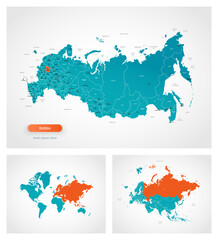 Editable template of map of Russia with marks. Russia on world map, on Europe and Asia map.