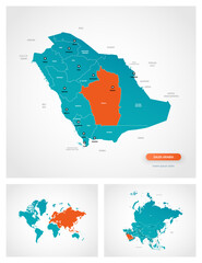 Editable template of map of Saudi Arabia with marks. Saudi Arabia on world map and on Asia map.