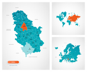Editable template of map of Serbia with marks. Serbia on world map and on Europe map.