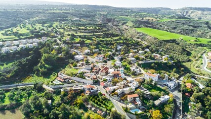 Aerial bird eye view of Goudi village in Polis Chrysochous valley, Paphos, Cyprus. View of...