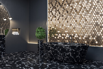Luxury bathroom interior with black marble bath