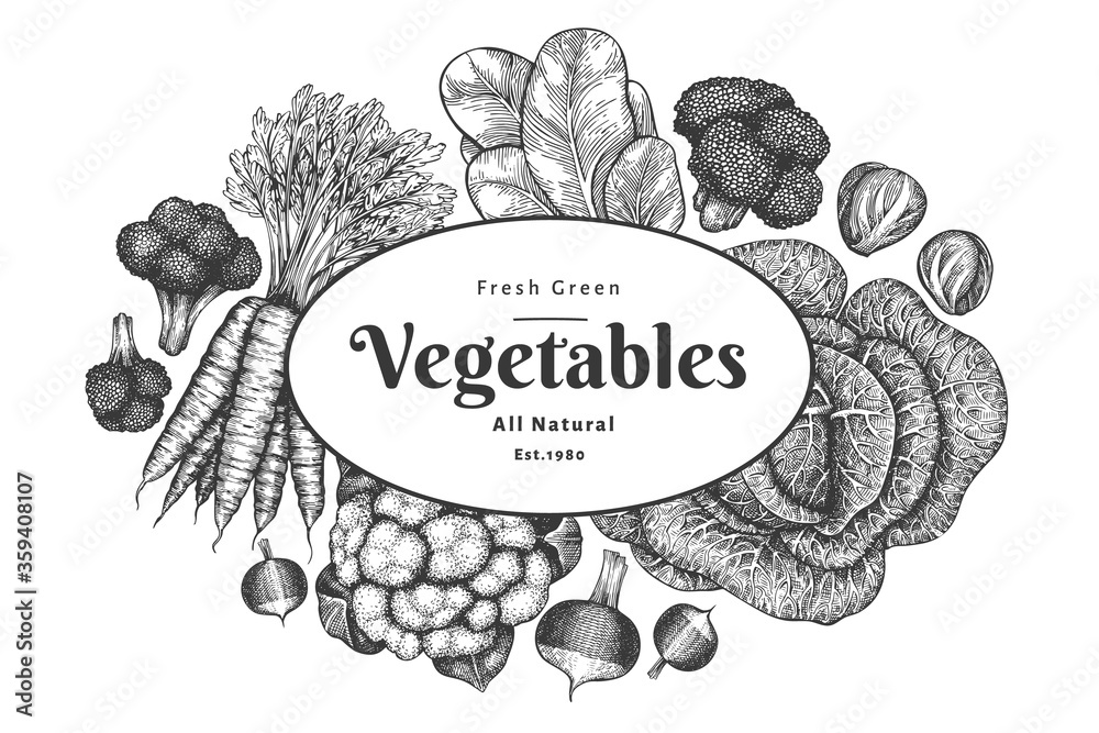 Wall mural hand drawn sketch vegetables design. organic fresh food vector banner template. vintage vegetable ba - Wall murals