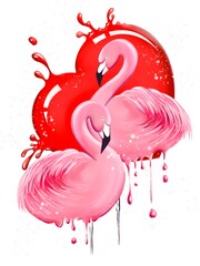 pink flamingo with big red heart. Digital romantic  illustration, cartoon. 