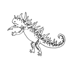 Cute spotted & horned lizard, fictional reptile, funny monster alien, vector illustration with black ink contour lines isolated on a white background in hand drawn style.
