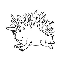 Cute horned hedgehog, fictional funny monster alien, spiky mutant, vector illustration with black ink contour lines isolated on a white background in doodle & hand drawn style.