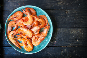 shrimp prawn ready to eat boiled seafood Menu concept serving size. food background top view copy space for text keto or paleo pescatarian diet 