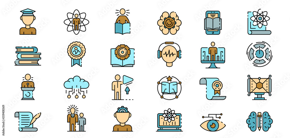 Poster interactive learning icons set. outline set of interactive learning vector icons thin line color fla