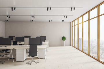 Contemporary coworking office interior with computers