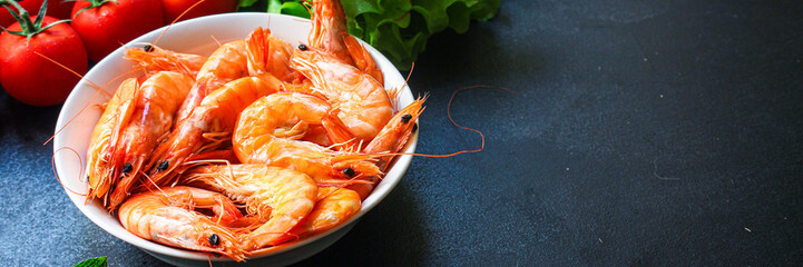 shrimp prawn ready to eat boiled seafood Menu concept serving size. food background top view copy space for text keto or paleo pescatarian diet 