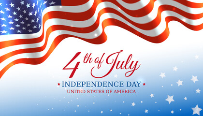Poster 4th of july usa independence day, vector template with american flag and shining sun on blue shining starry background. Fourth of july, USA national holiday. Vector illustration, banner