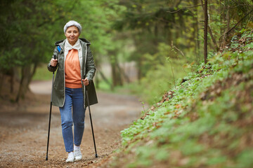 Full length portrait of active senior woman walking towards camera with Nordic poles while enjoying hike in beautiful autumn forest, copy space