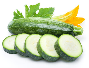Zucchini and zucchini slice with flower and leaf on a white background.