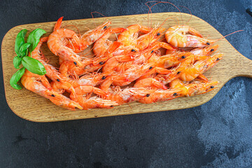 shrimp prawn ready to eat boiled seafood Menu concept serving size. food background top view copy space for text keto or paleo pescatarian diet 