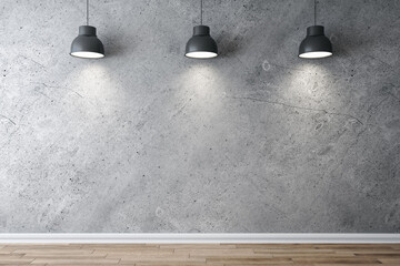 Modern gallery interior with three ceiling lamps