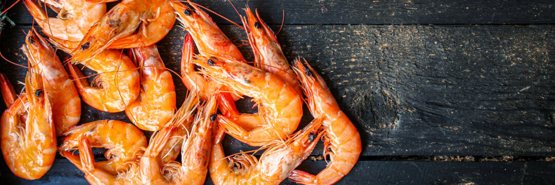 shrimp prawn ready to eat boiled seafood Menu concept serving size. food background top view copy space for text keto or paleo pescatarian diet 