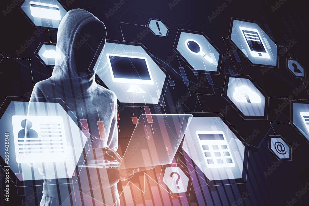 Poster Hacker using laptop with glowing digital business interface