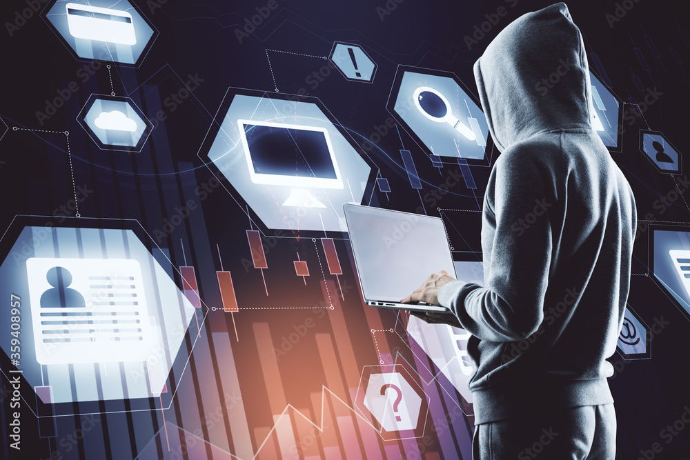 Poster hacker holding laptop with digital business interface