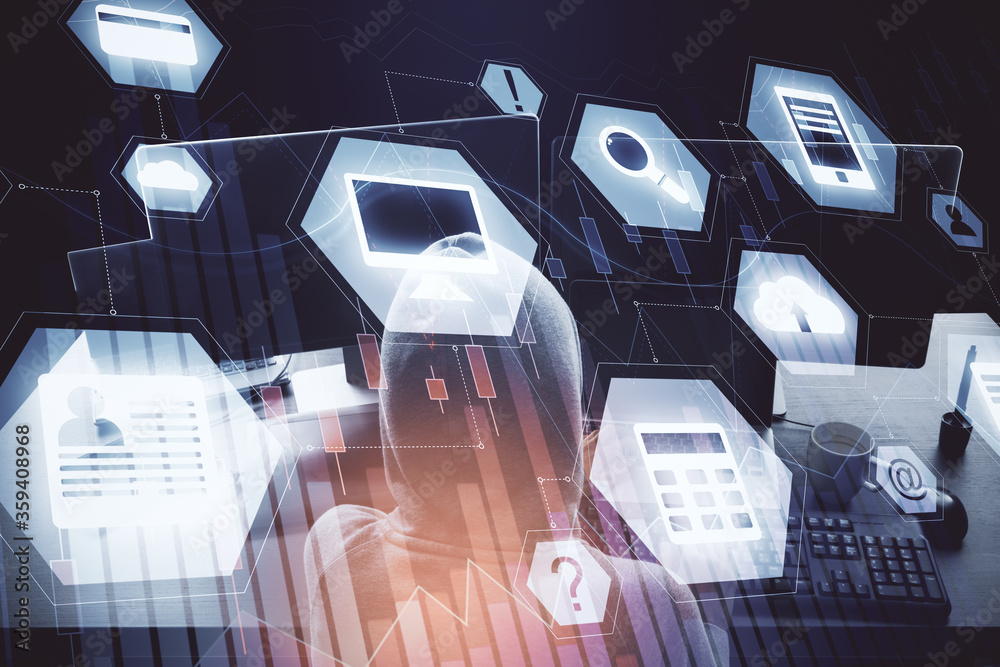 Fototapete Hacker using personal computer with glowing digital business interface