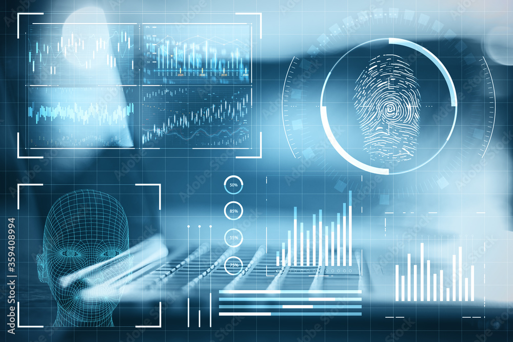 Poster laptop on table with creative finger print scan hologram