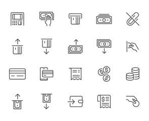 Atm machine line icon set. Withdraw money, deposit, hand taking cash, receipt minimal vector illustration. Simple outline signs for payment terminal application. Pixel Perfect. Editable Strokes