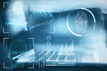 Laptop on table with creative finger print scan hologram