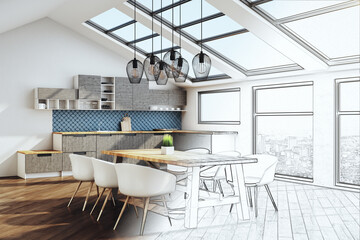 Drawing modern kitchen interior with furniture