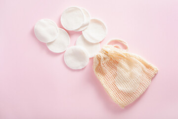 zero waste eco friendly hygiene bathroom concept. reusable cotton pads in bag
