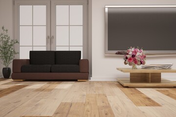 modern room with tv set,sofa,plant,table with magazines and flowers interior design. 3D illustration