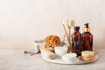 zero waste eco friendly hygiene bathroom concept. wooden toothbrush soap reusable pads brush cosmetic
