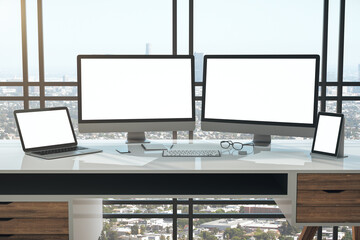 Minimalistic designer desktop with two white computer screen