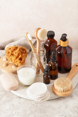 zero waste eco friendly hygiene bathroom concept. wooden toothbrush soap reusable pads brush cosmetic