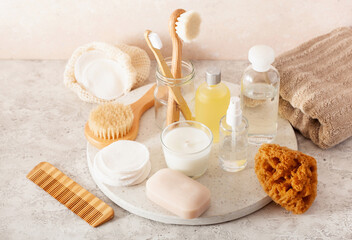 zero waste eco friendly hygiene bathroom concept. wooden toothbrush soap reusable pads brush cosmetic