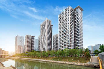 Obraz premium High-rise residential houses by the river, Fuzhou Cityscape, China.