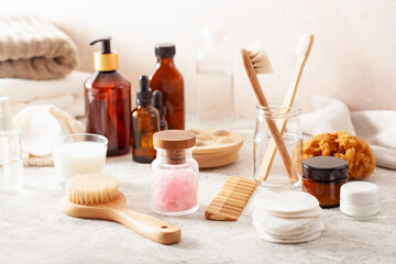 zero waste eco friendly hygiene bathroom concept. wooden toothbrush soap reusable pads brush cosmetic