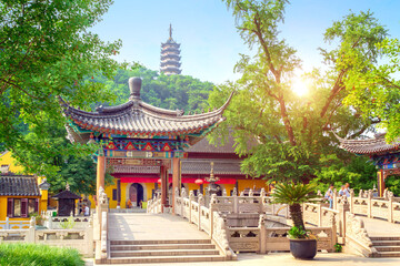 Temples and pagodas in Jiaoshan Scenic Area, Zhenshan, China.
