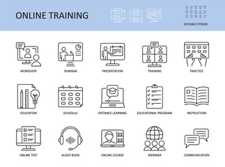 Online training vector icons. Set with editable stroke. Workshop practice guide instruction. Calendar schedule education seminar presentation test communication webinar course audio book