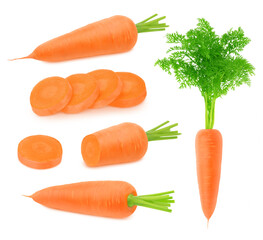 Set of fresh whole and cutted carrots isolated on a white background.