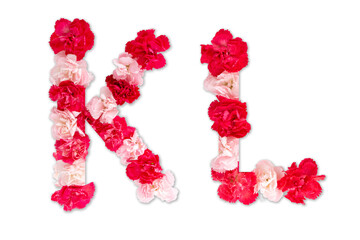 flower font alphabet K L set (collection A-Z), made from real Carnation flowers pink, red color with paper cut shape of capital letter. flora font for text, typography decoration isolated on white