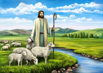 Son of God, the Lord is my shepherd, Jesus Christ with a flock of sheep, symbol of Christianity hand drawn art illustration painted with watercolors - obrazy, fototapety, plakaty